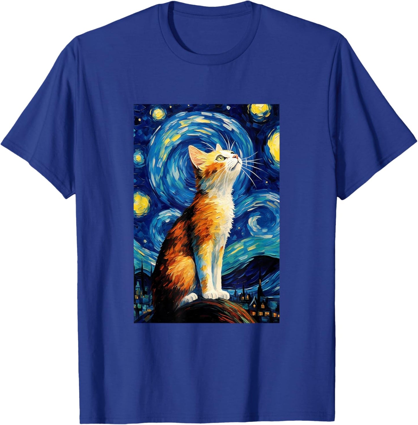 Cat Van Gogh Style Starry Night Graphic T-Shirt - T-Shirt | Royal