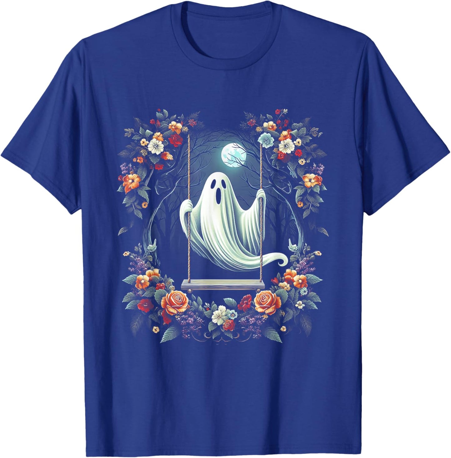 Vintage Floral Ghost On Swing In Forest Halloween Gothic T-Shirt - T-Shirt | Royal