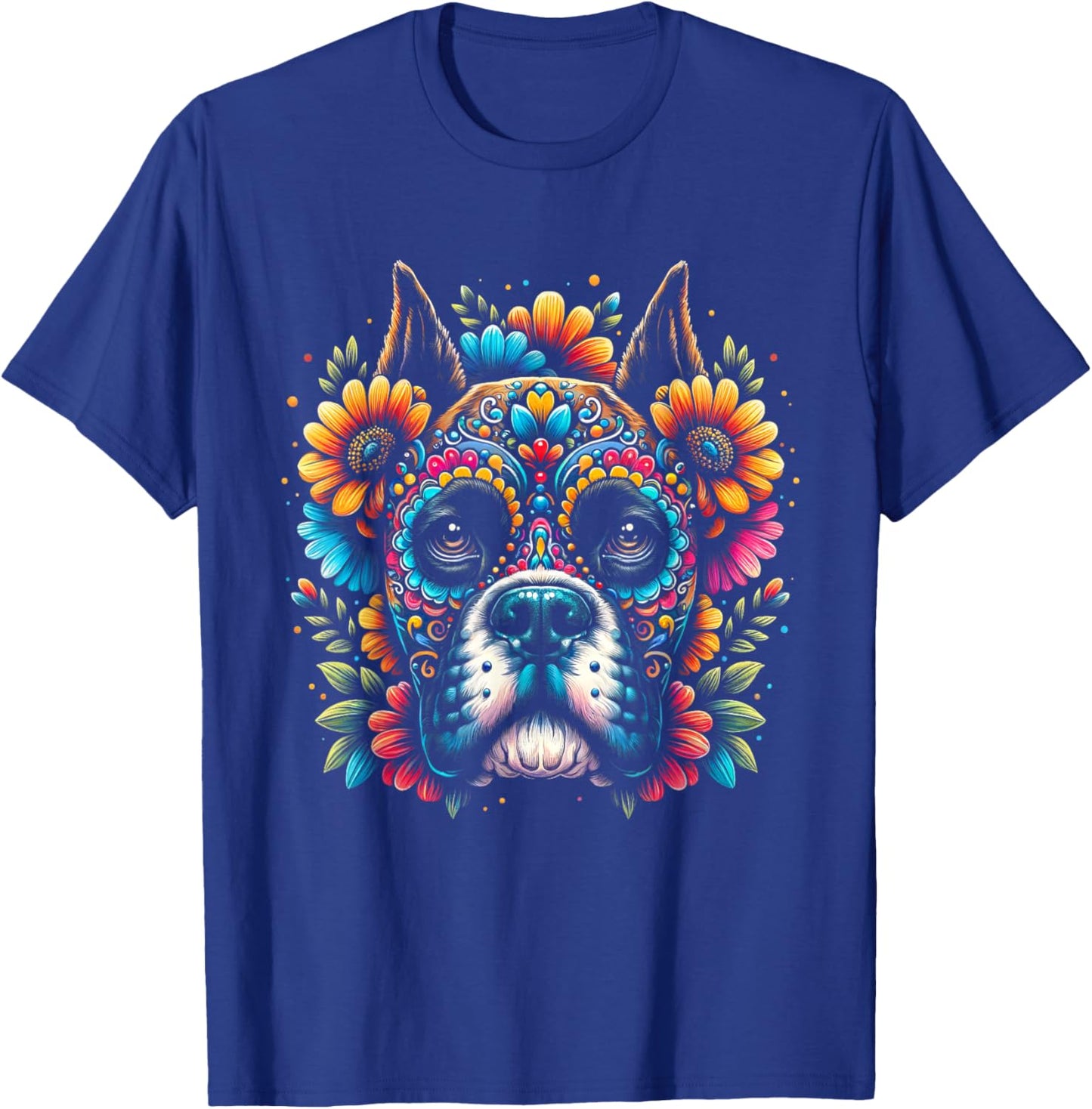 Cinco De Mayo Sugar Skull Flower Boxer Dog Women Kids T-Shirt - T-Shirt | Royal
