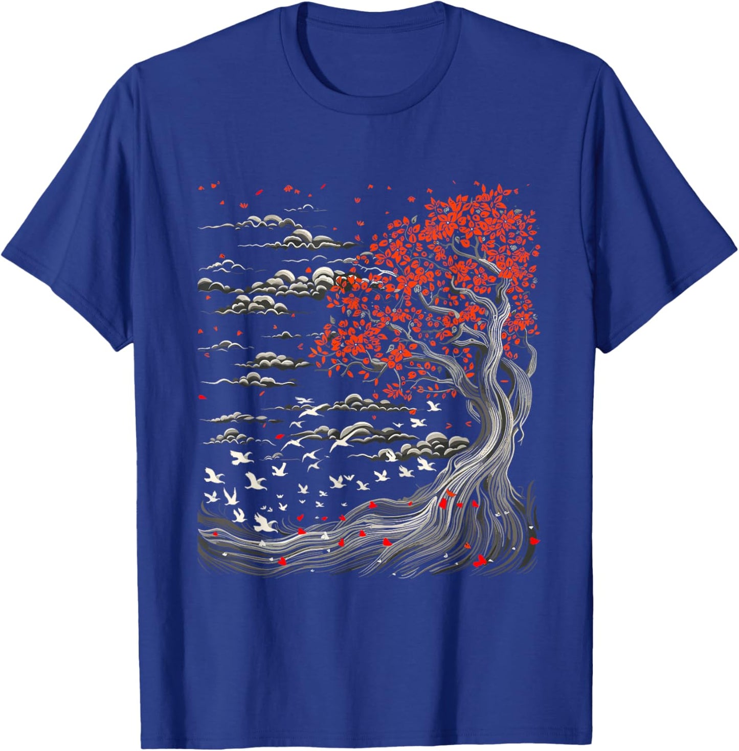 Japanese Tree, Birds, Clouds Art, Natur Lover, Men, Women T-Shirt - T-Shirt | Royal