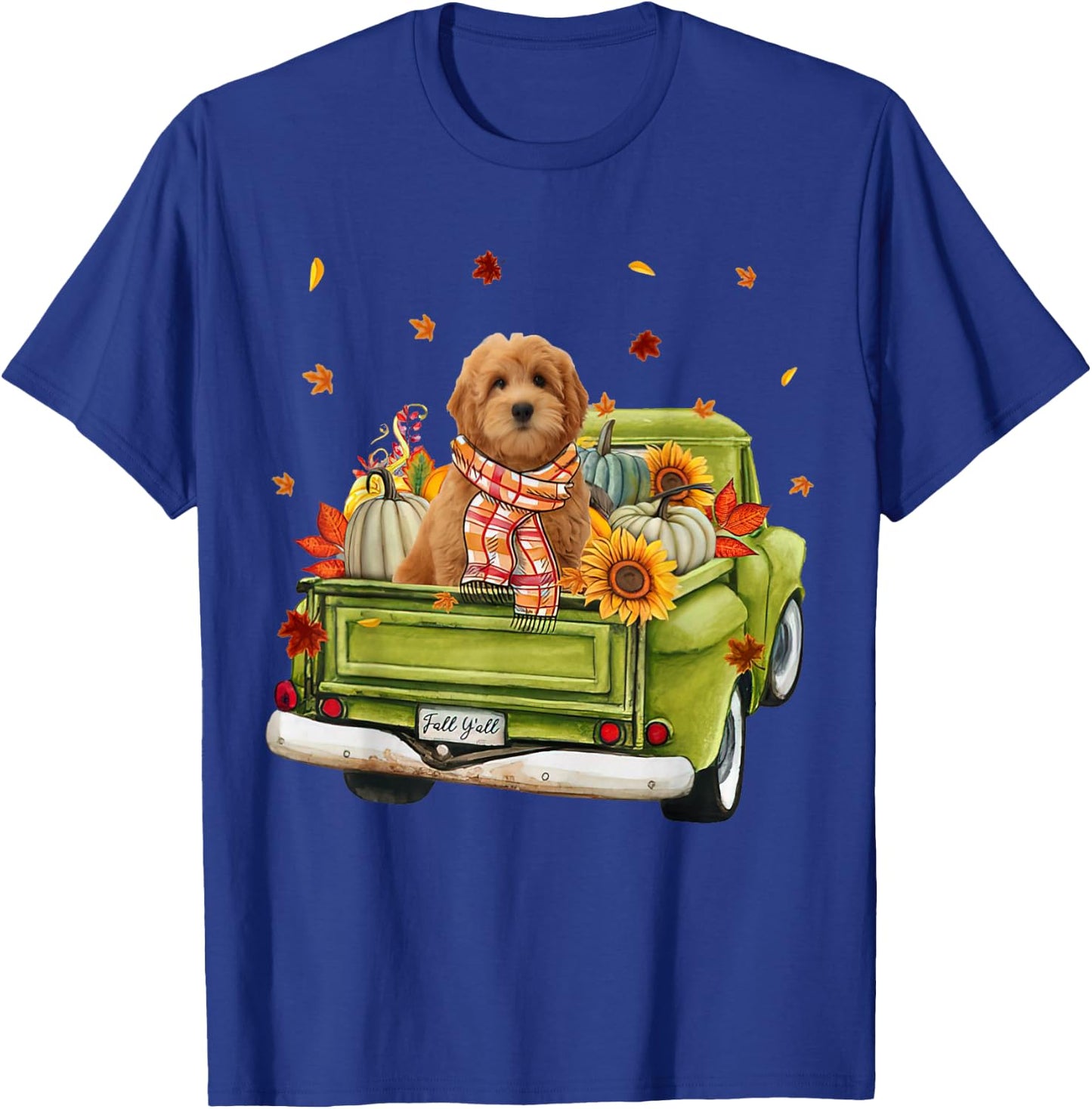Happy Fall Y'all Goldendoodle Dog On Truck Pumpkin Fall T-Shirt - T-Shirt | Royal