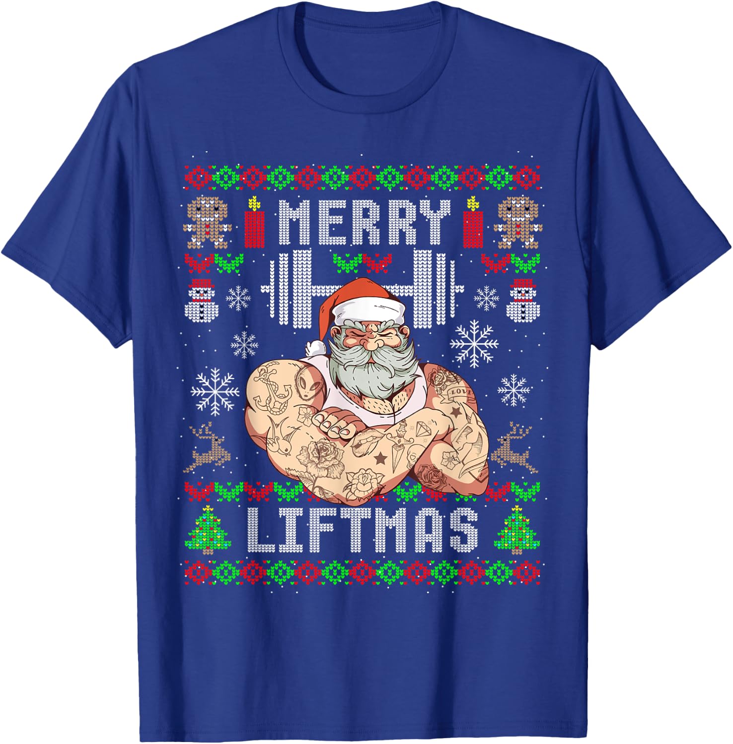 Funny Merry Liftmas Ugly Christmas Workout Powerlifting T-Shirt - T-Shirt | Royal