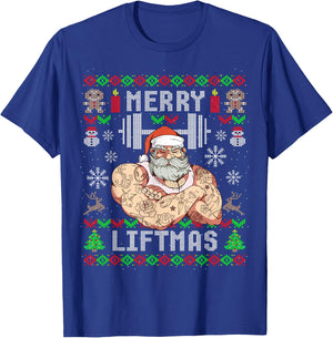 Funny Merry Liftmas Ugly Christmas Workout Powerlifting T-Shirt - T-Shirt | Royal
