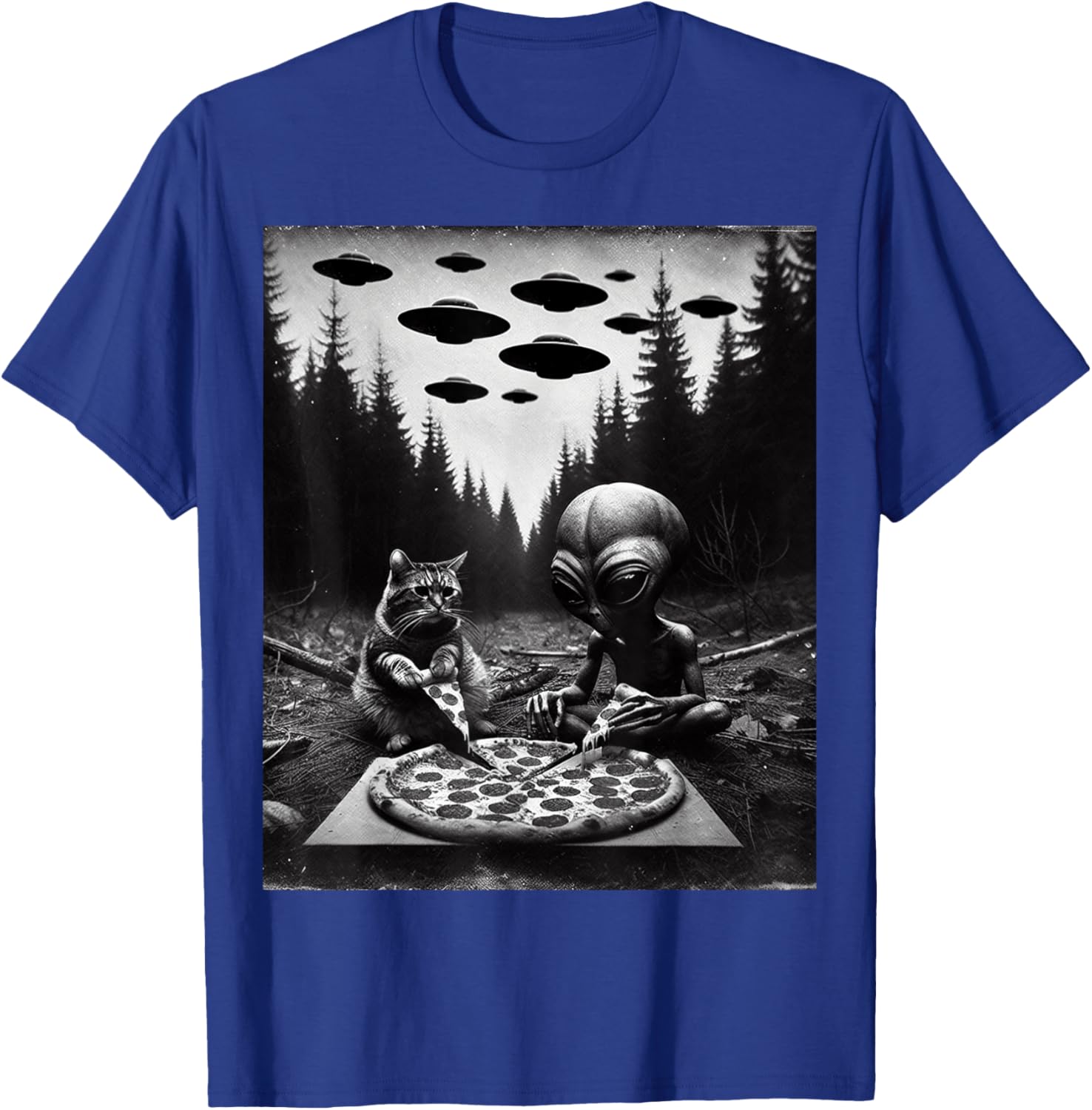 Funny Cat With Alien Eating Pizza. Cat And UFO Spaceship T-Shirt - T-Shirt | Royal