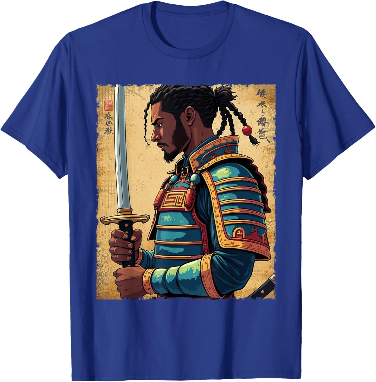 African Samurai Vintage Afro American Bushido Warrior Katana T-Shirt - T-Shirt | Royal