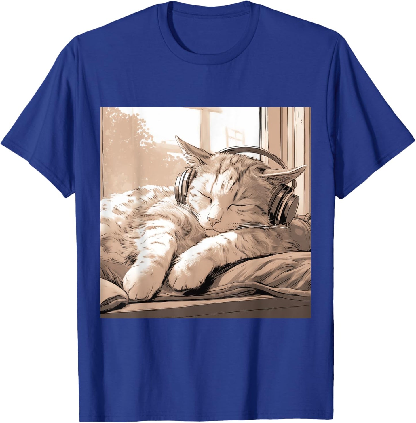 Sleeping Lo-Fi Manga Cat Wearing Headphones T-Shirt - T-Shirt | Royal