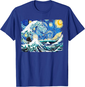 Starry Night and Great Wave Van Gogh Art Painting T Shirt T-Shirt - T-Shirt | Royal
