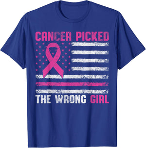 American Flag Cancer Picked The Wrong Girl Breast Cancer T-Shirt - T-Shirt | Royal