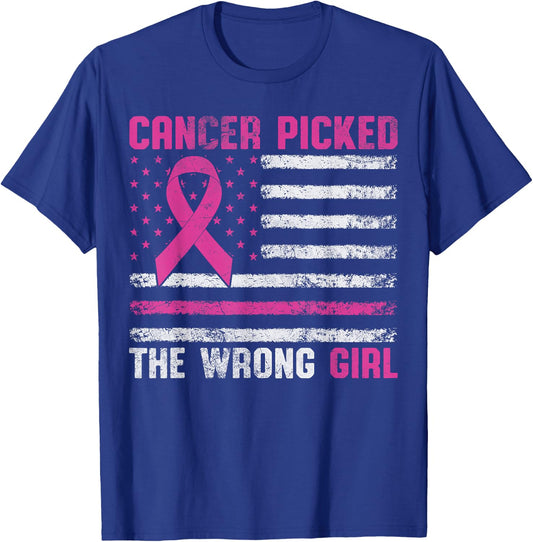 American Flag Cancer Picked The Wrong Girl Breast Cancer T-Shirt - T-Shirt | Royal