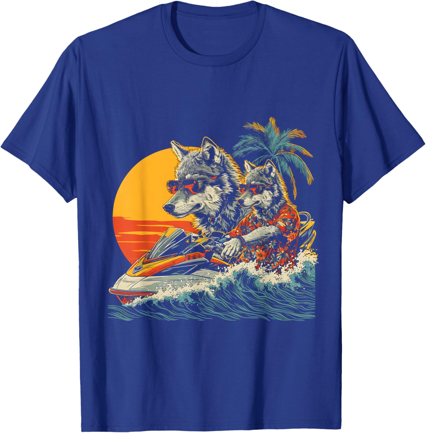 Wolf Driving Jet Ski Wear Hawaiian And Sunglass Sport T-Shirt - T-Shirt | Royal