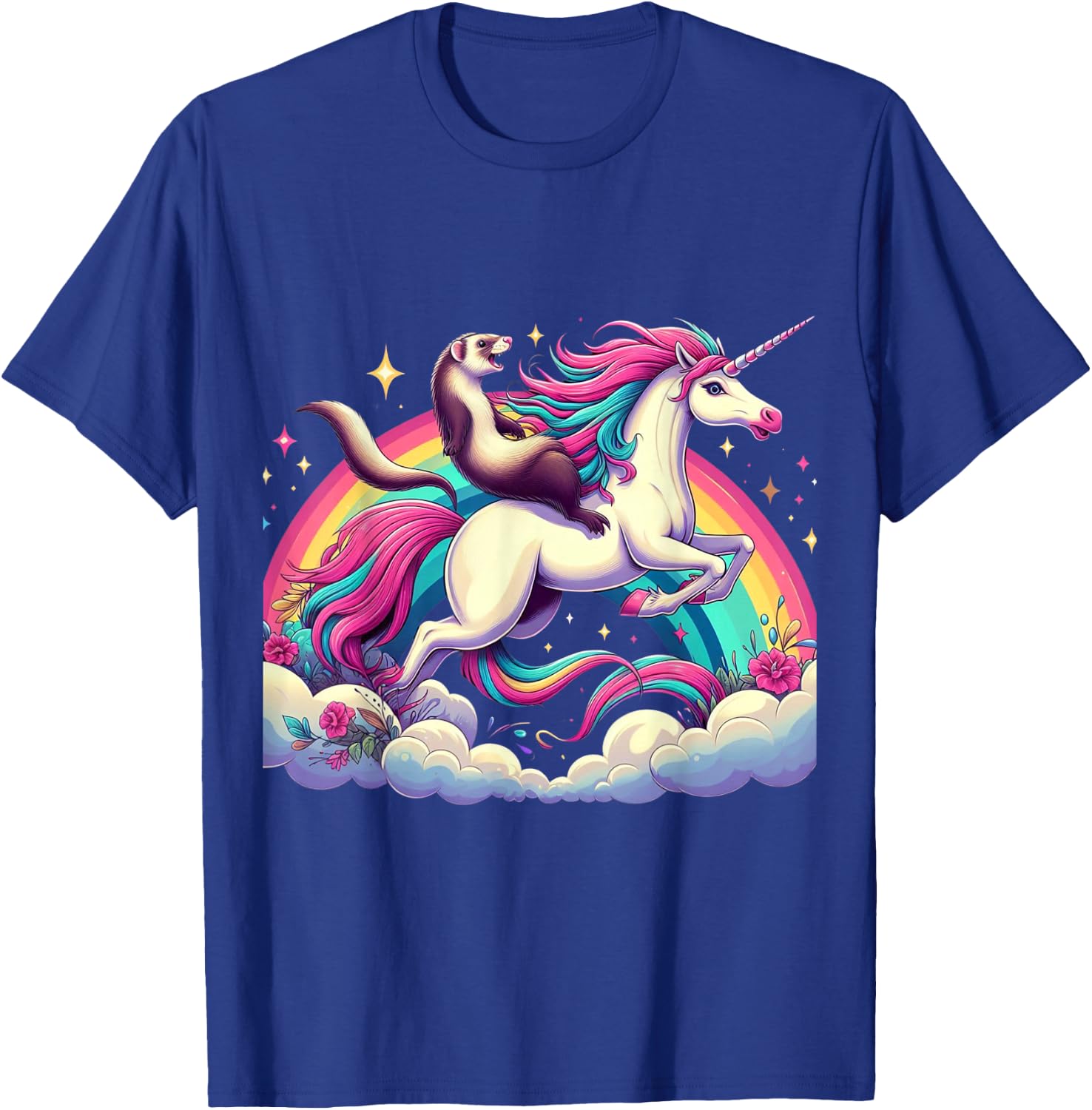 Ferret Riding Unicorn Boys Girls Men Women Kids Rainbow T-Shirt - T-Shirt | Royal