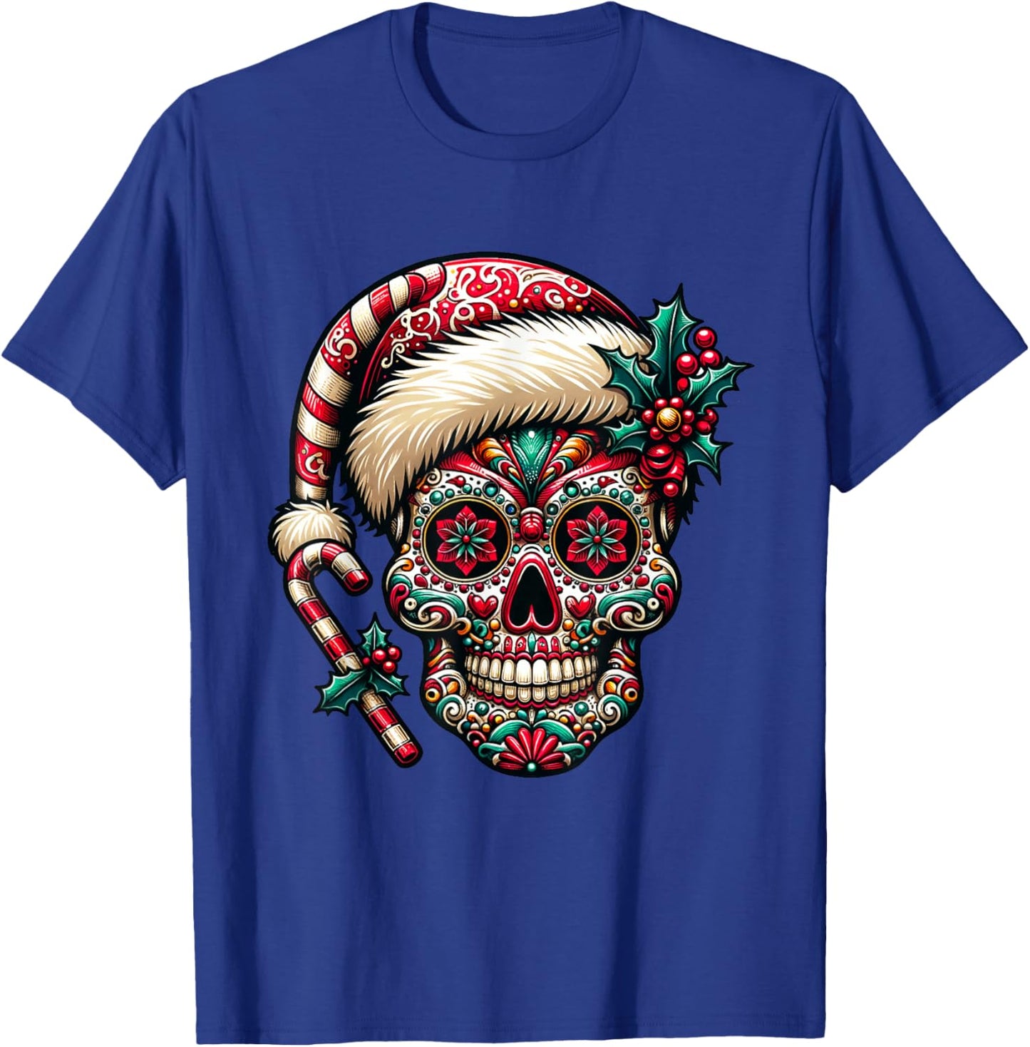 Christmas Sugar Skull Santa Hat Day Of The Dead Xmas Holiday T-Shirt - T-Shirt | Royal