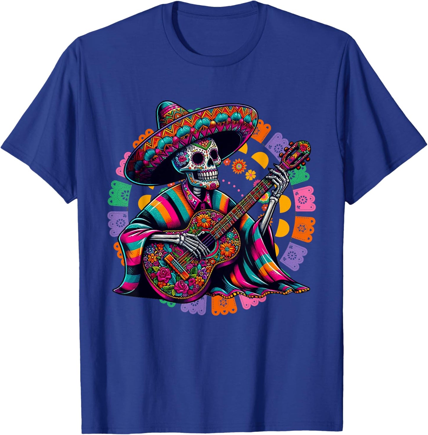 Dia De Los Muertos Skeleton playing guitar Sugar Skull Funny T-Shirt - T-Shirt | Royal