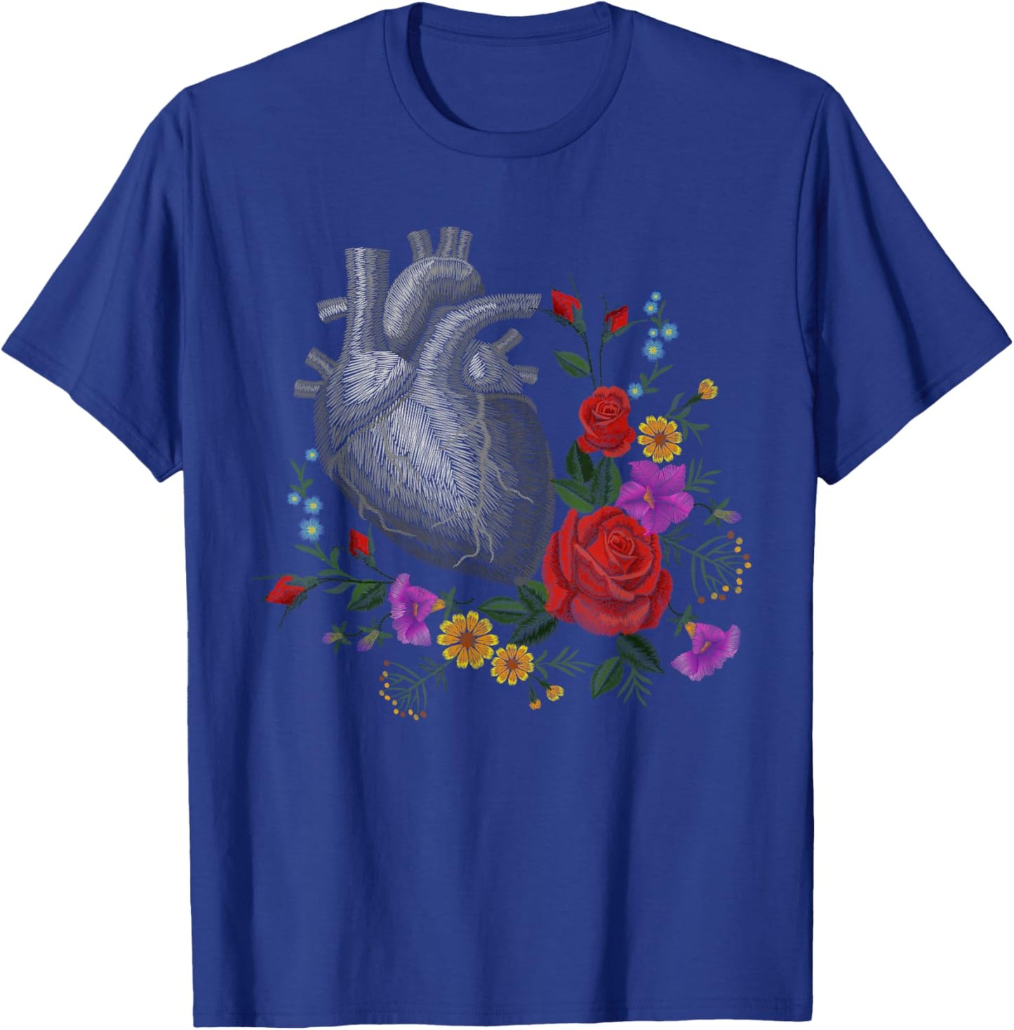 Anatomical Heart And Flowers Funny Men Women Cardiologist T-Shirt - T-Shirt | Royal