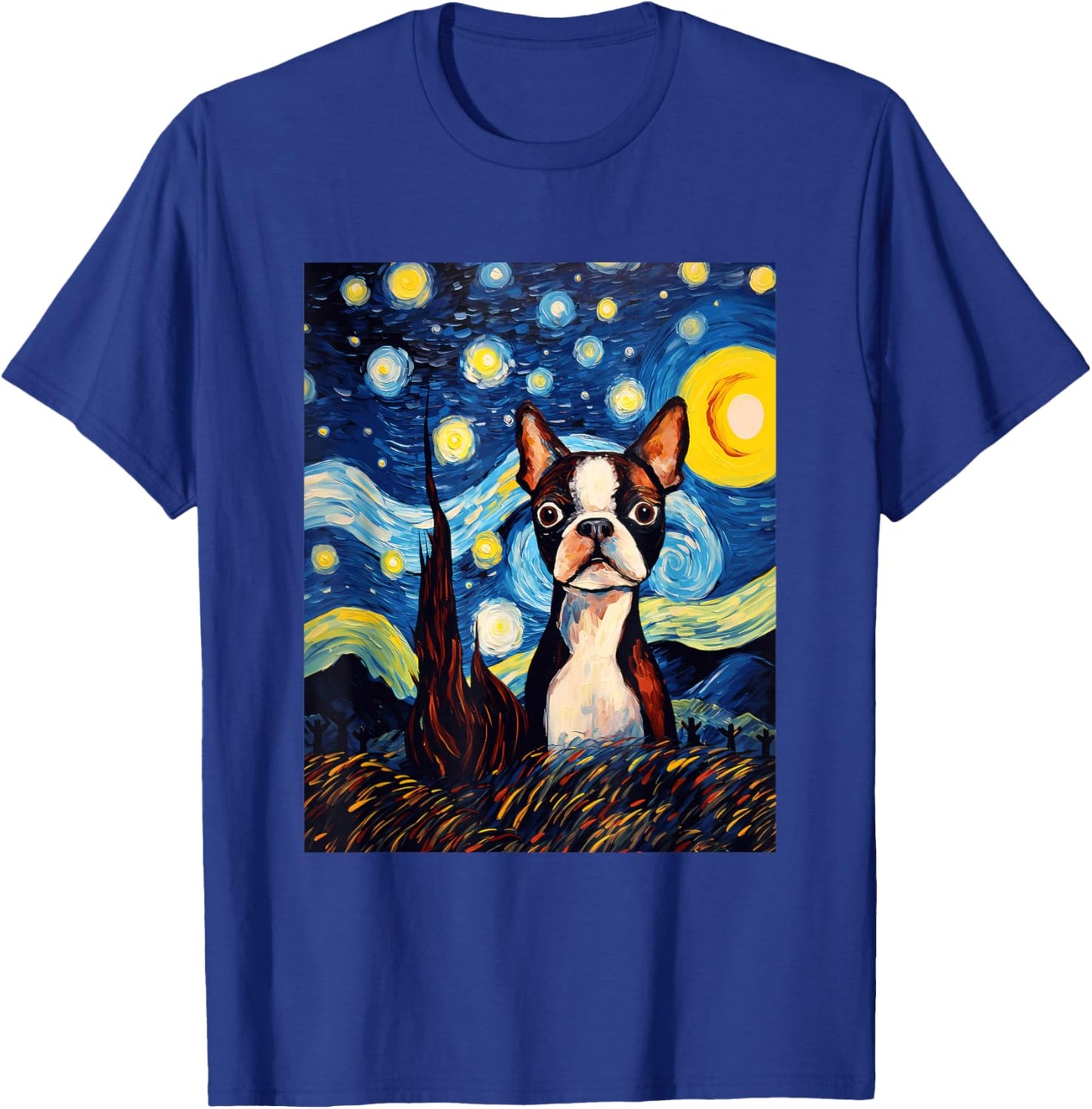 Boston Terrier Starry Night Van Gogh Art T-Shirt - T-Shirt | Royal