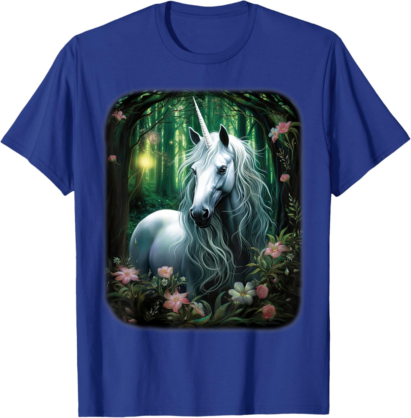 Fantasy white Unicorn standing in green Forest T-Shirt - T-Shirt | Royal