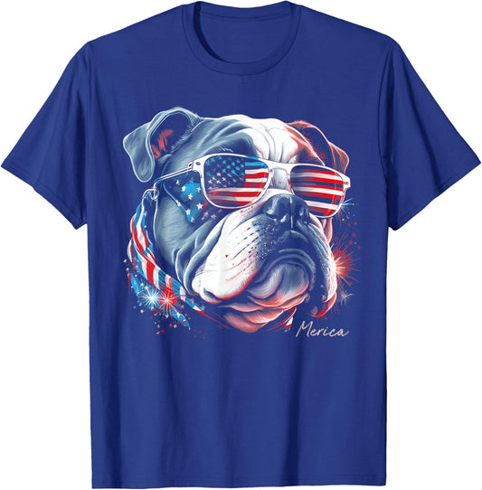 English Bulldog Dog 4th of July American Flag USA Funny T-Shirt - T-Shirt | Royal