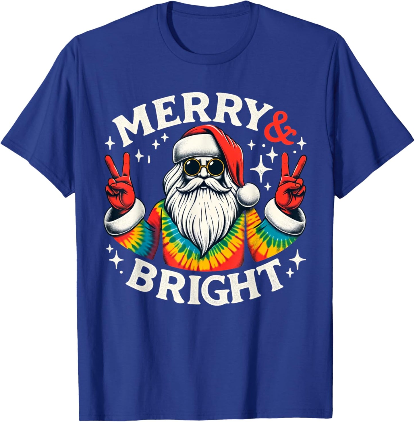 Vintage Retro Merry And Bright Hippie Santa Peace Christmas T-Shirt - T-Shirt | Royal
