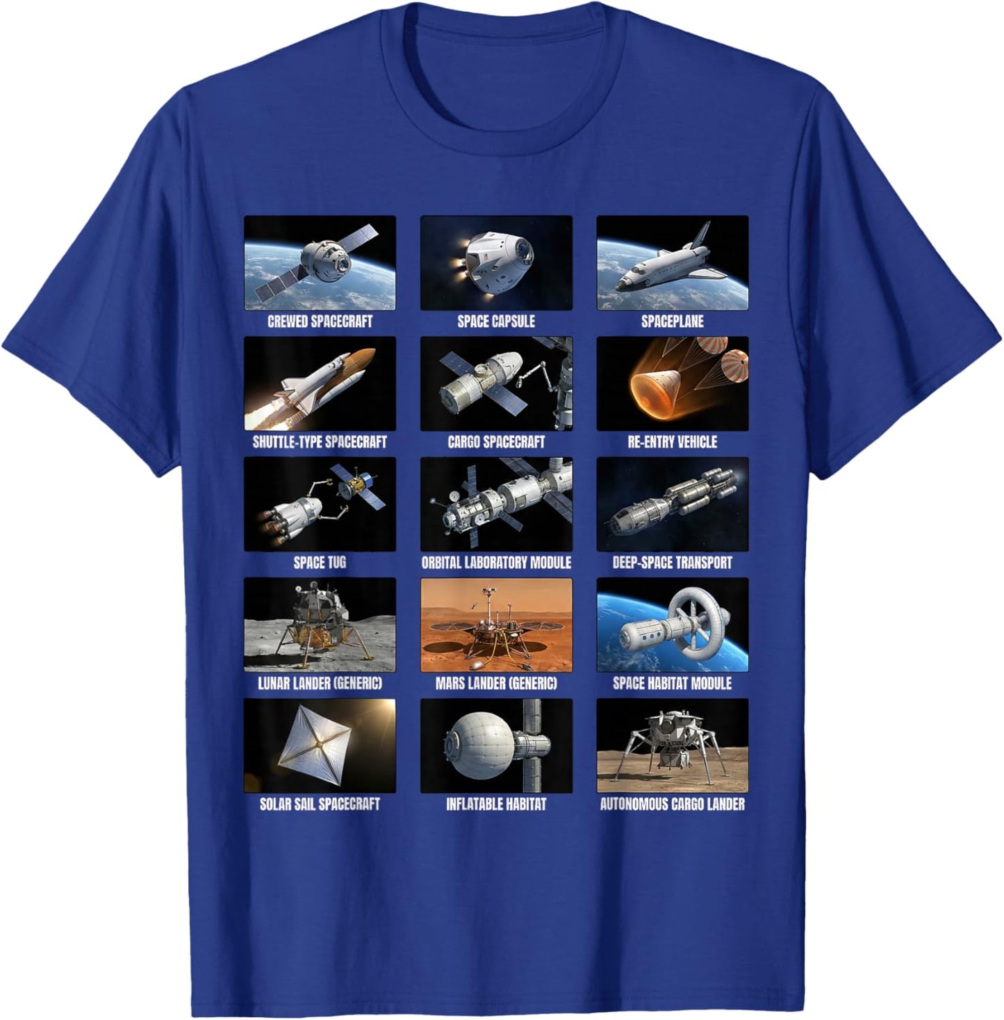 Spaceship Types Space Exploration Chart Astronomy T-Shirt - T-Shirt | Royal