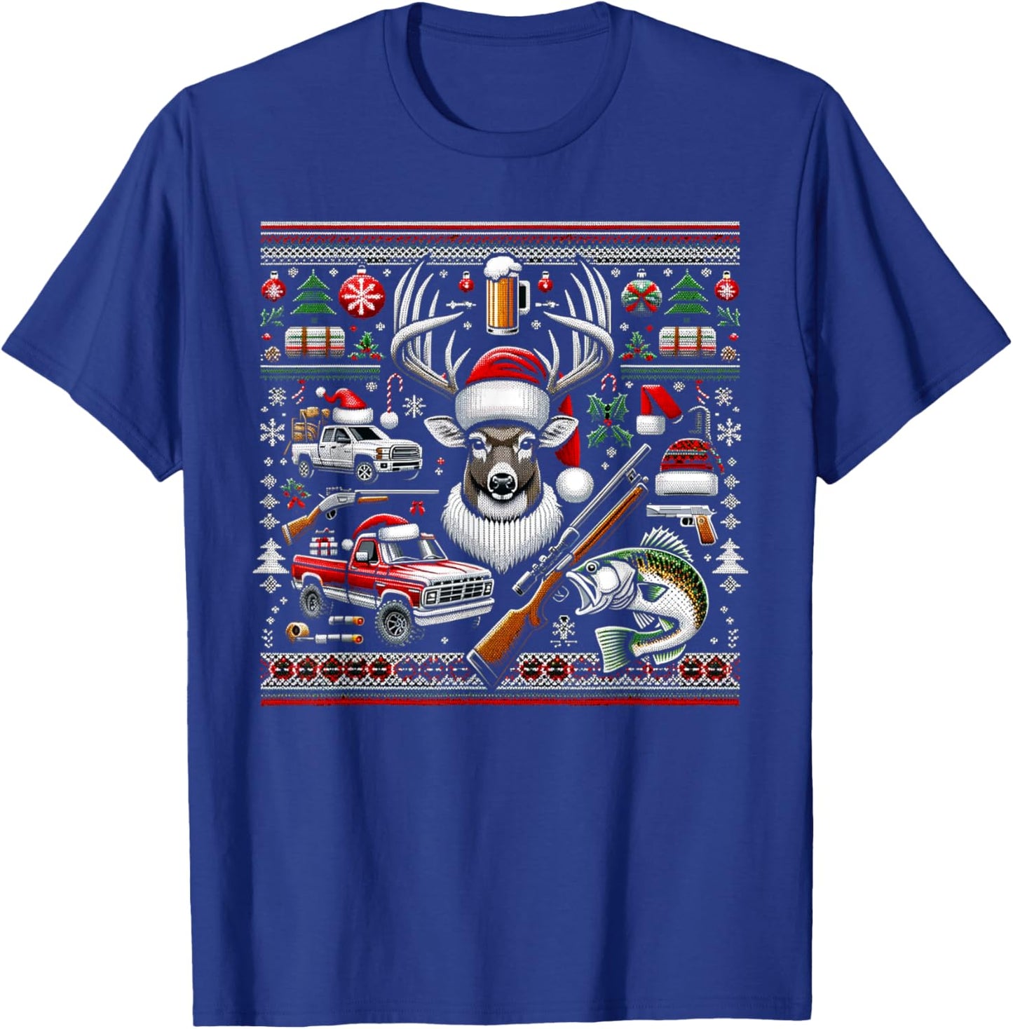 Deer Hunting Bass Fishing Redneck Ugly Christmas T-Shirt - T-Shirt | Royal