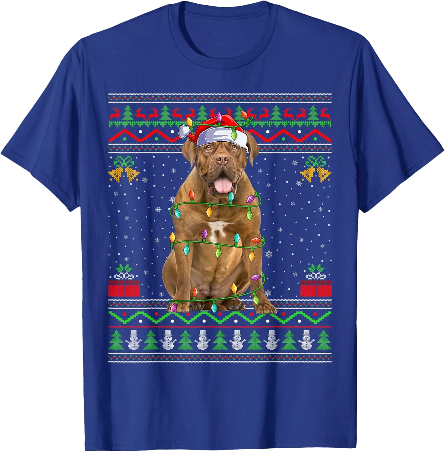 Dogue De Bordeaux Dog Christmas Lights Santa Ugly Xmas Men Women Kids T-Shirt - T-Shirt | Royal