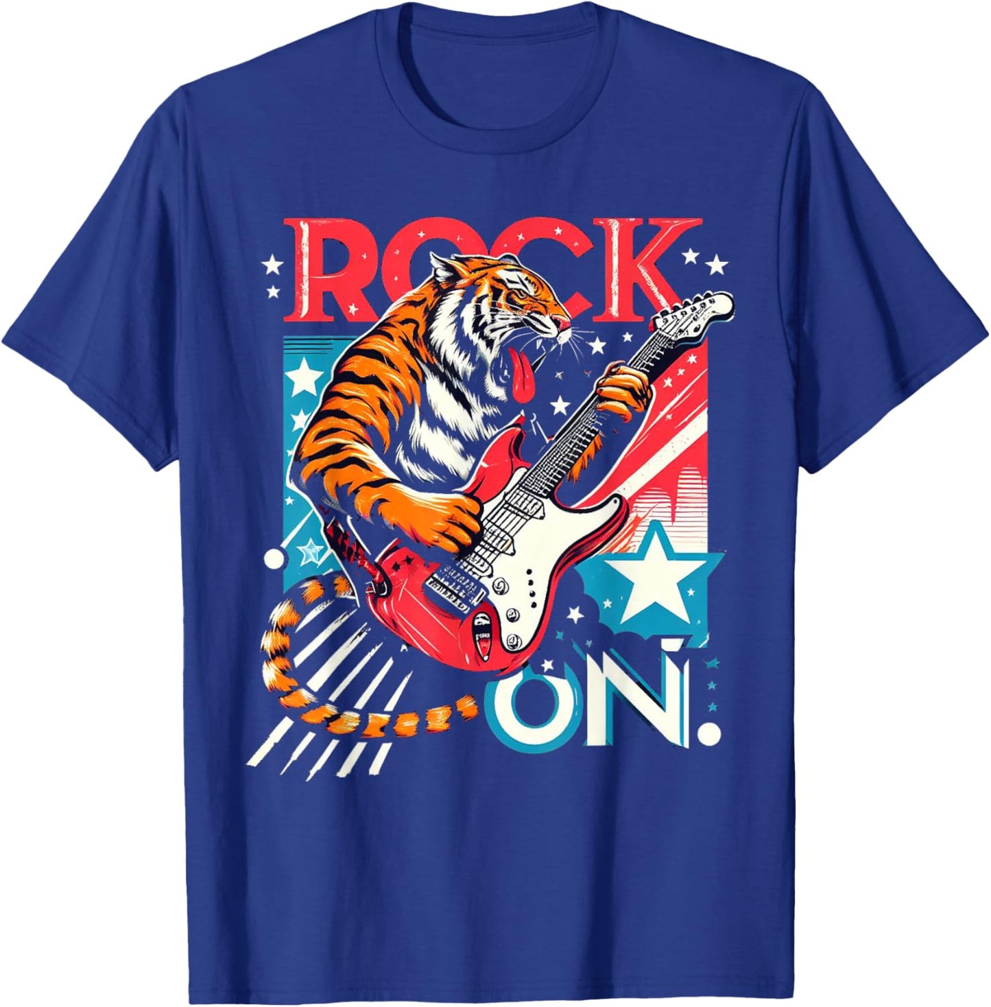 Tiger Man Rock on Playing Guitar Music Vintage Guitarist T-Shirt - T-Shirt | Royal