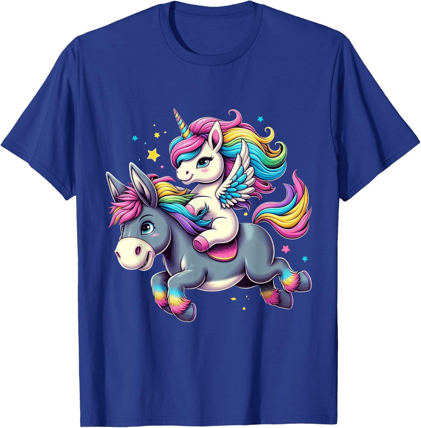 Unicorn Riding Donkey Boys Girls Men Women Kids Rainbow T-Shirt - T-Shirt | Royal