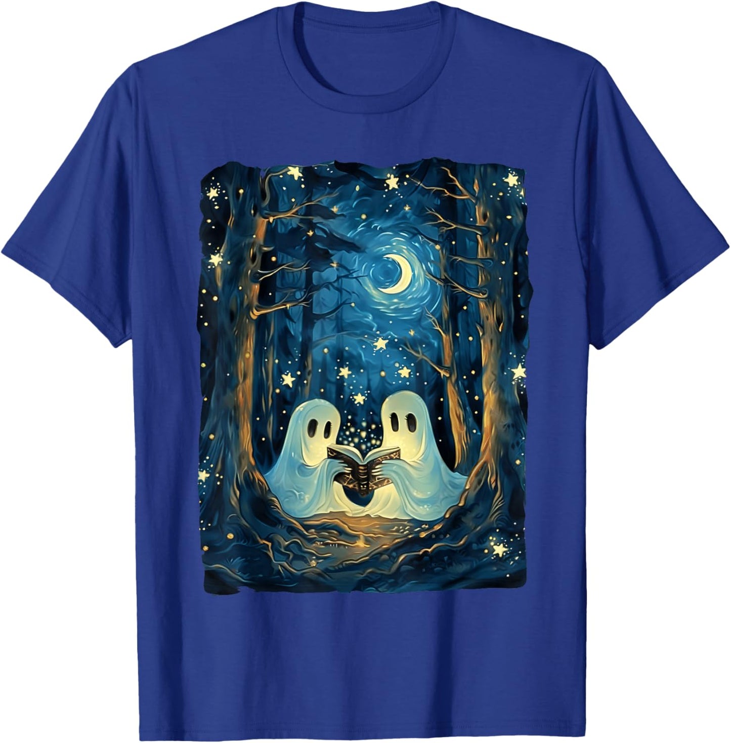 Starry Night Ghost Book Reading Camping Halloween Van Gogh T-Shirt - T-Shirt | Royal