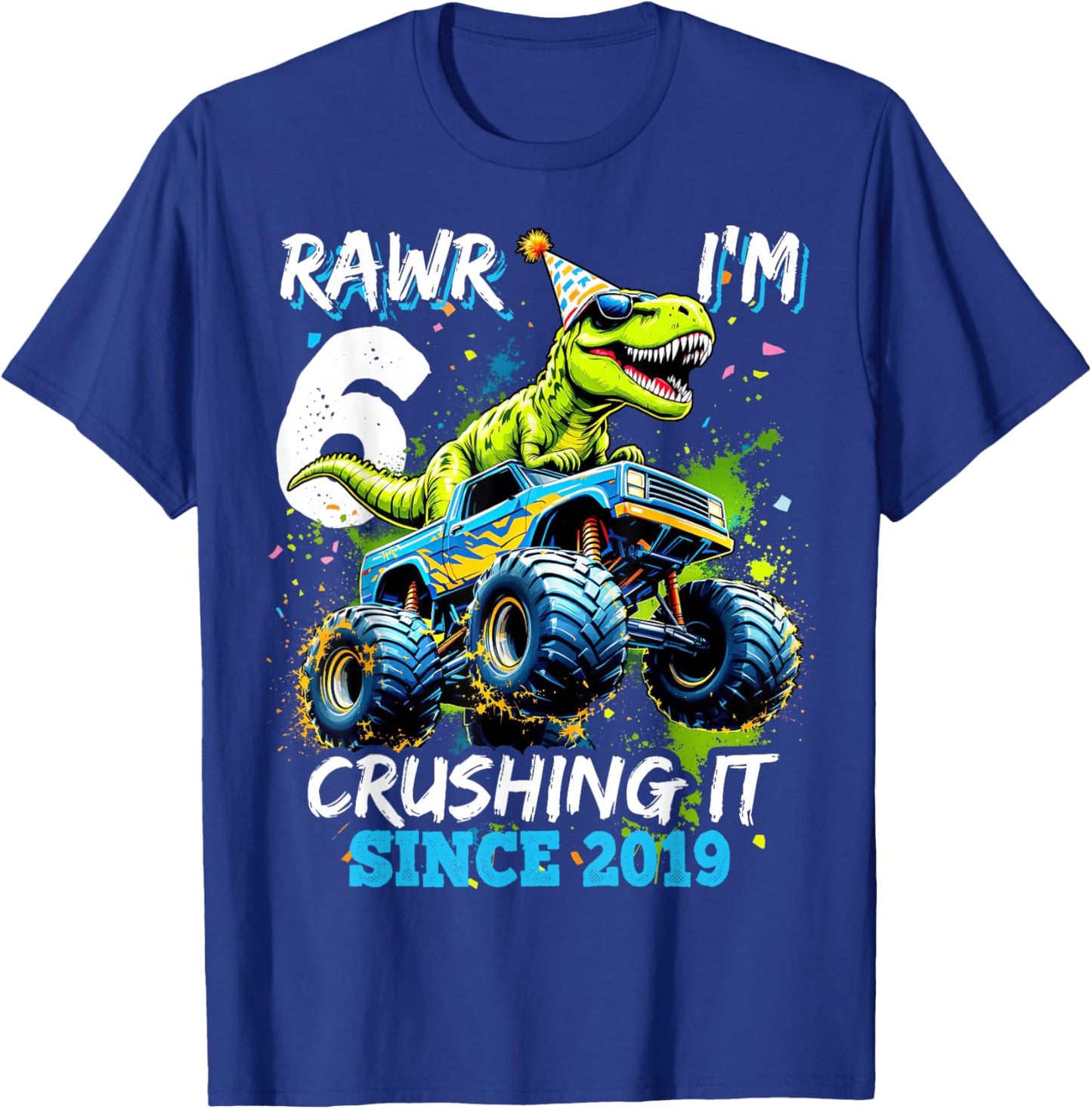 6th Birthday Monster Truck Dinosaur Party Boys Rawr I'm 6 T-Shirt - T-Shirt | Royal