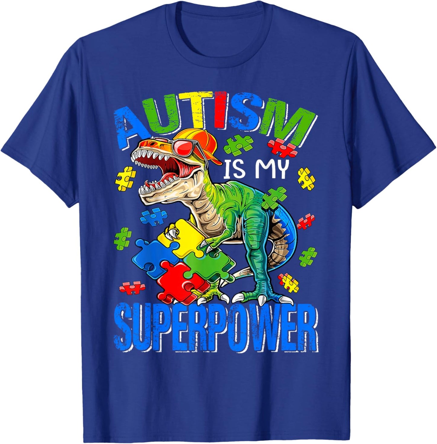 Autism Is My Superpower Autism Awareness Dinosaur T Rex T-Shirt - T-Shirt | Royal