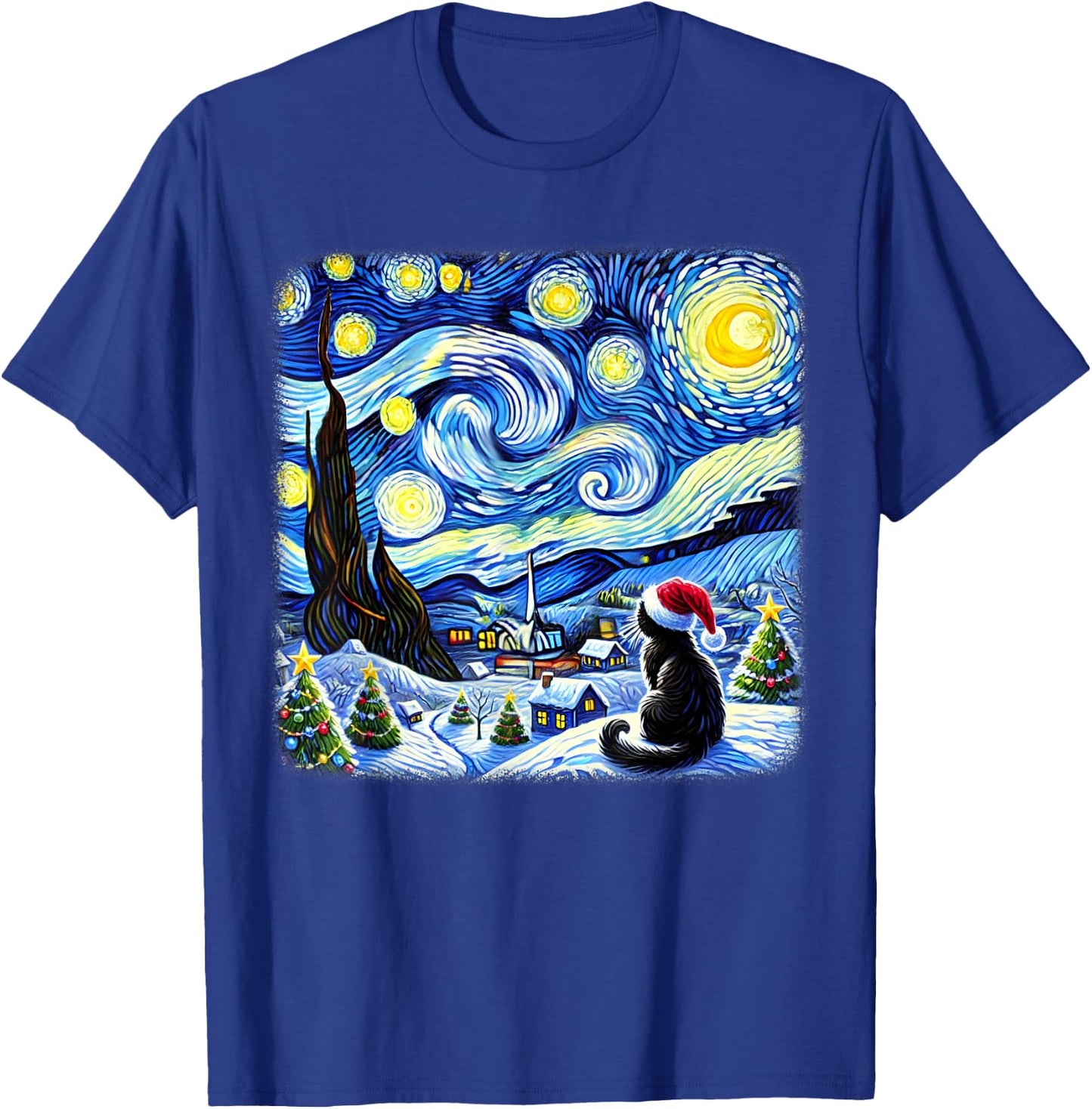 Christmas Van Gogh Starry Night Black Cat Santa Hat Xmas T-Shirt - T-Shirt | Royal