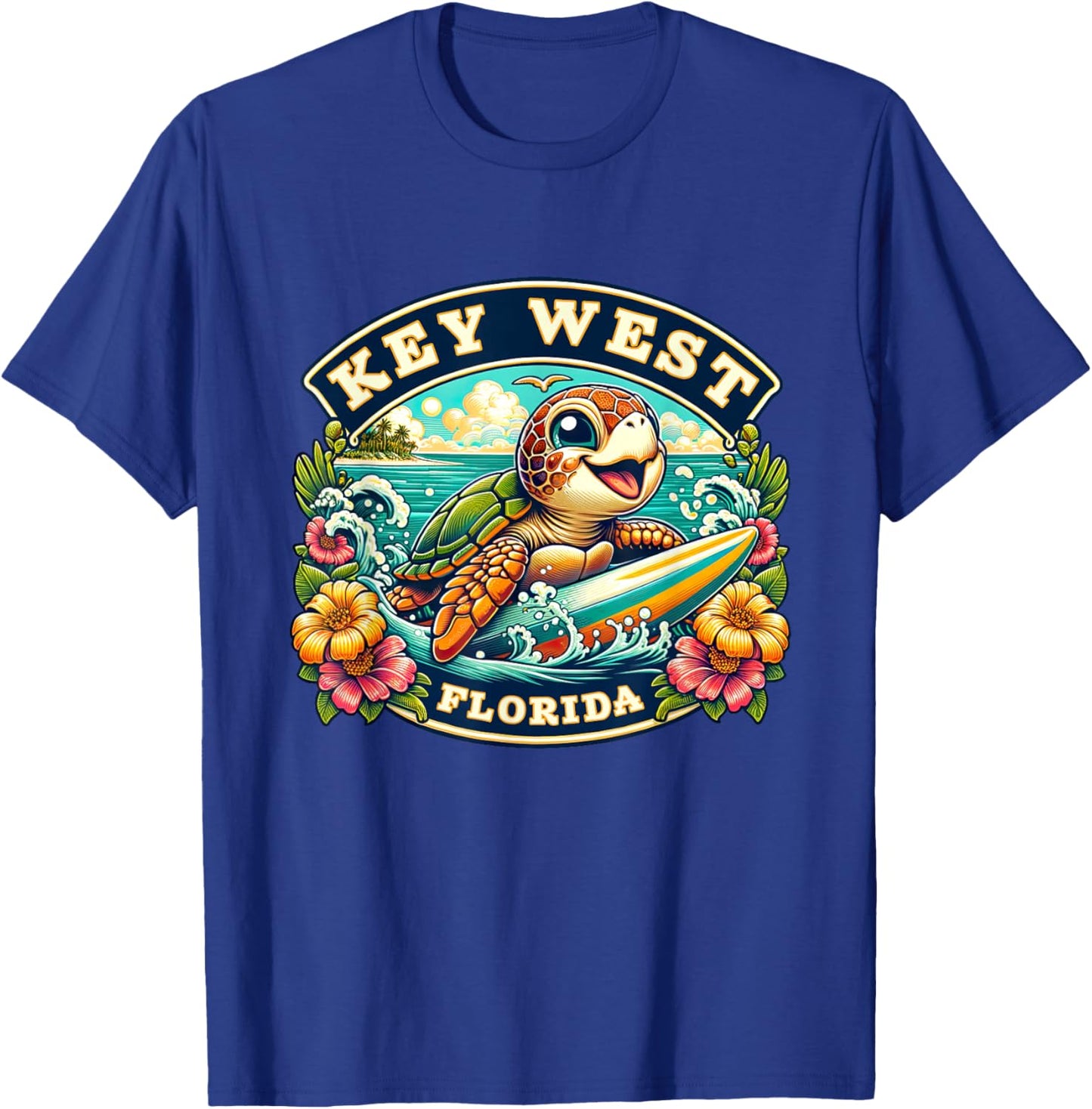 Key West Florida Cute Sea Turtle Surfing T-Shirt - T-Shirt | Royal
