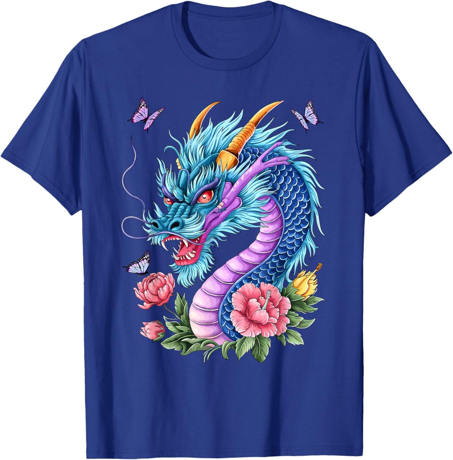 Watercolor Dragon Flowers Beautiful Art Colorful Graphic T-Shirt - T-Shirt | Royal