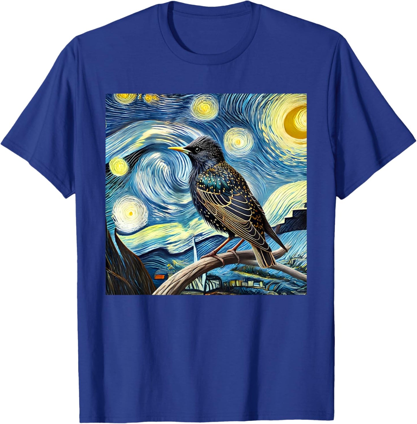 Common Starling Lover Bird Watching Birding Starry Night Art T-Shirt - T-Shirt | Royal