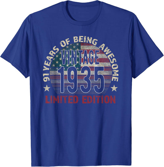 91th Birthday Gift Men Vintage Born 1935 Turning 91 Year Old T-Shirt - T-Shirt | Royal