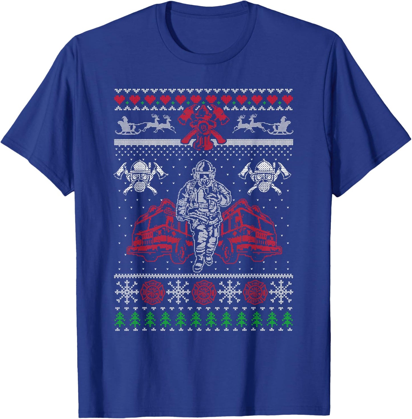 Firefighter Ugly Christmas Sweater Santa Xmas T-Shirt - T-Shirt | Royal