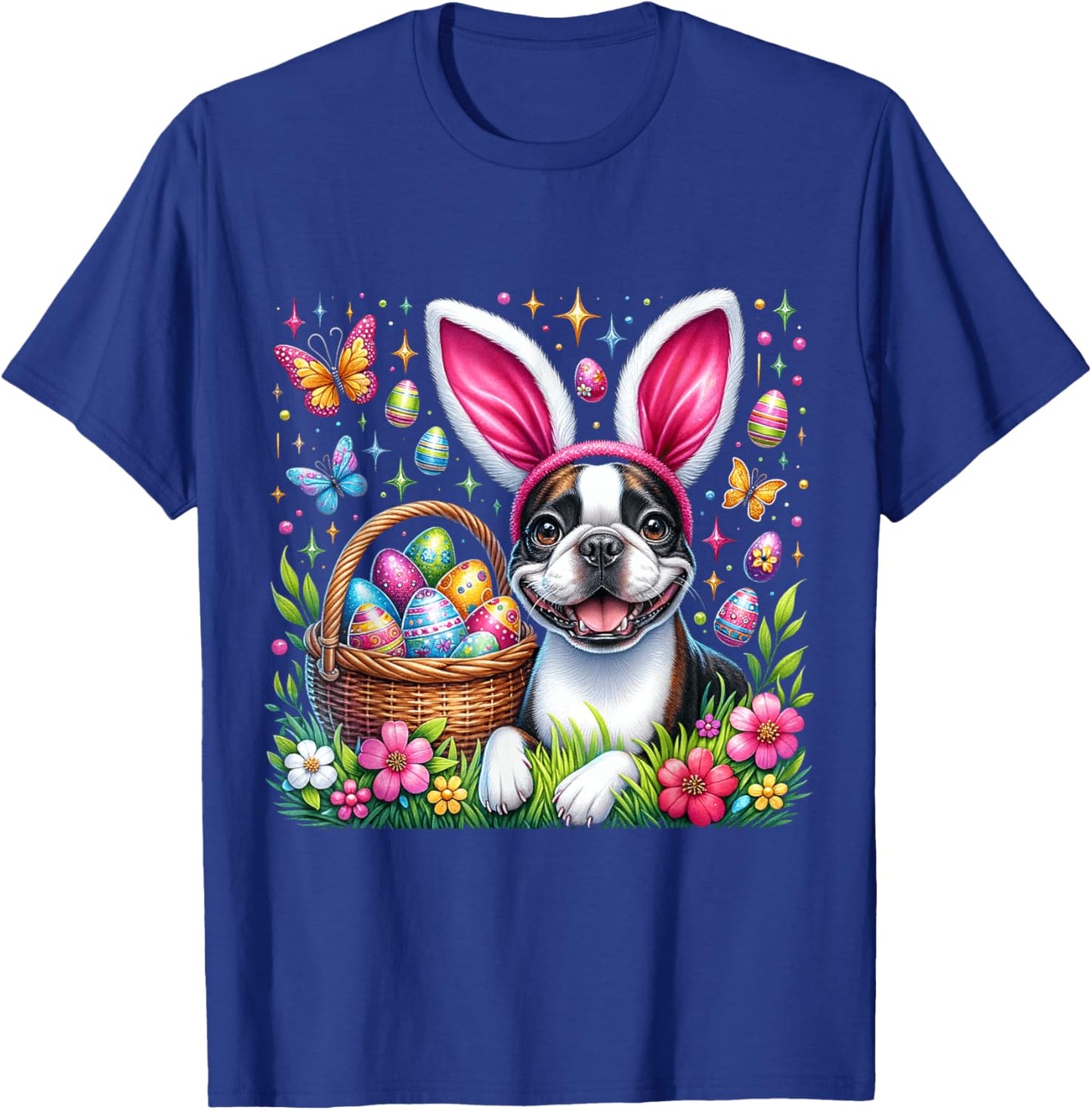 Cute Bunny Boston Terrier Dog Easter Eggs Basket Easter Day T-Shirt - T-Shirt | Royal