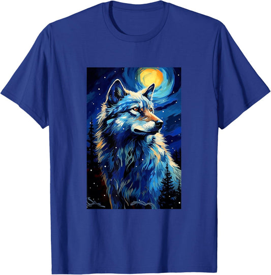 Wolf Wolves - Van Gogh Style - Starry Night T-Shirt - T-Shirt | Royal