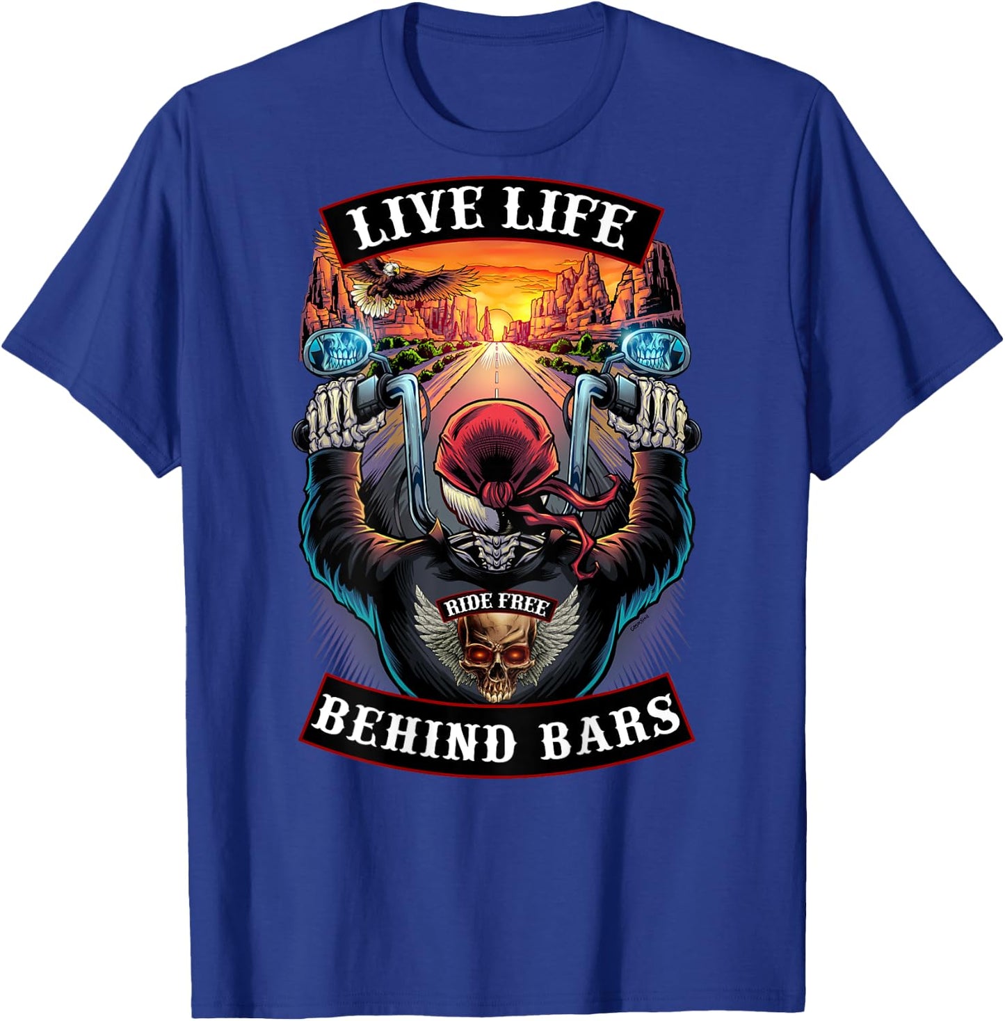 Live Life Behind Bars Motorcycle Biker Skull T-Shirt - T-Shirt | Royal