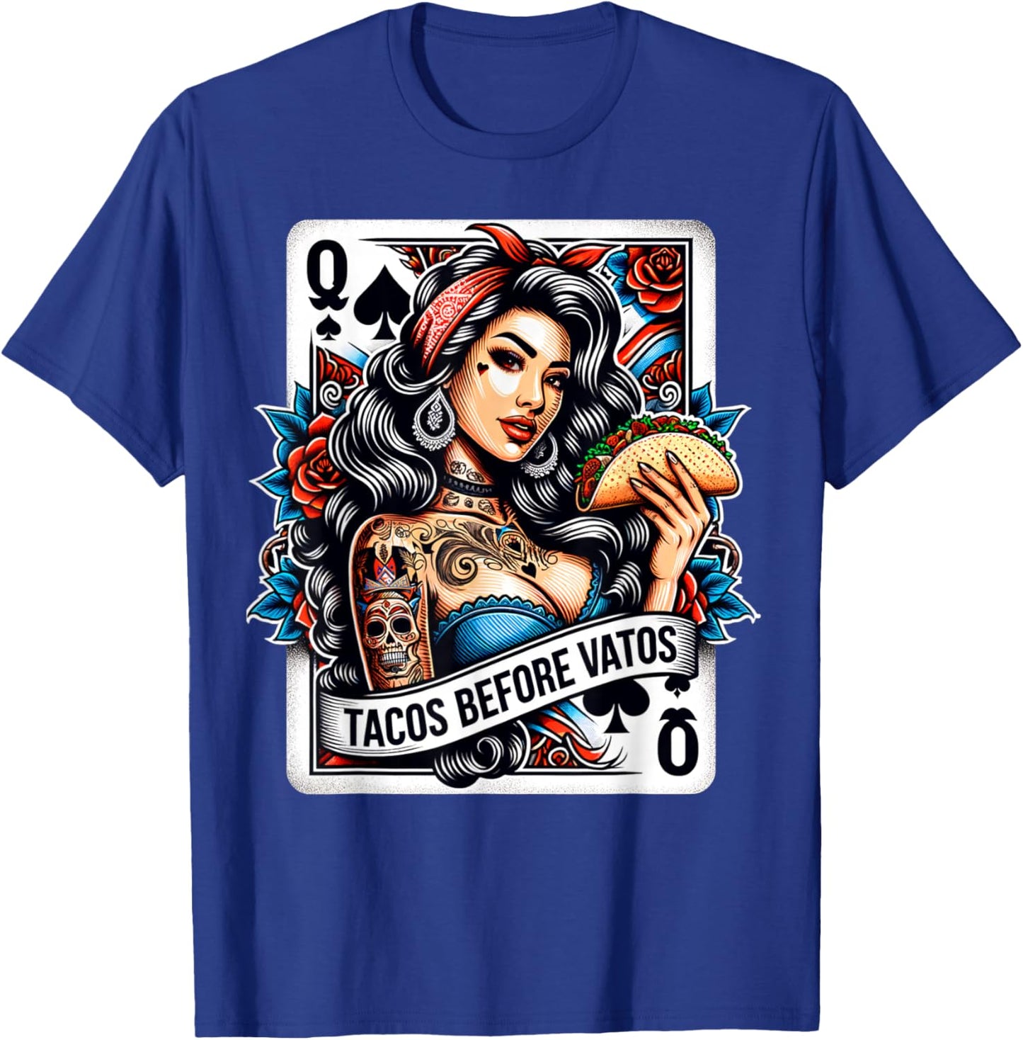 Tacos Before Vatos Mexican Latina Chicana Pin-Up Girl Tattoo T-Shirt - T-Shirt | Royal