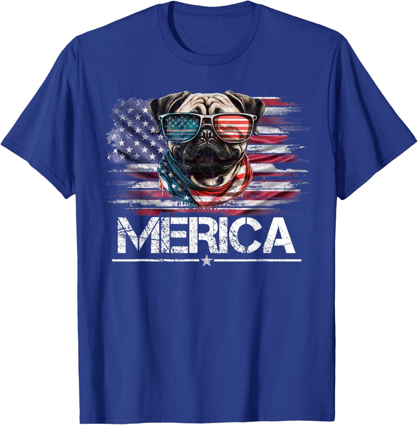Vintage Pug Dog, Merica Pug Dog USA Flag Funny Women Kids Men T-Shirt - T-Shirt | Royal