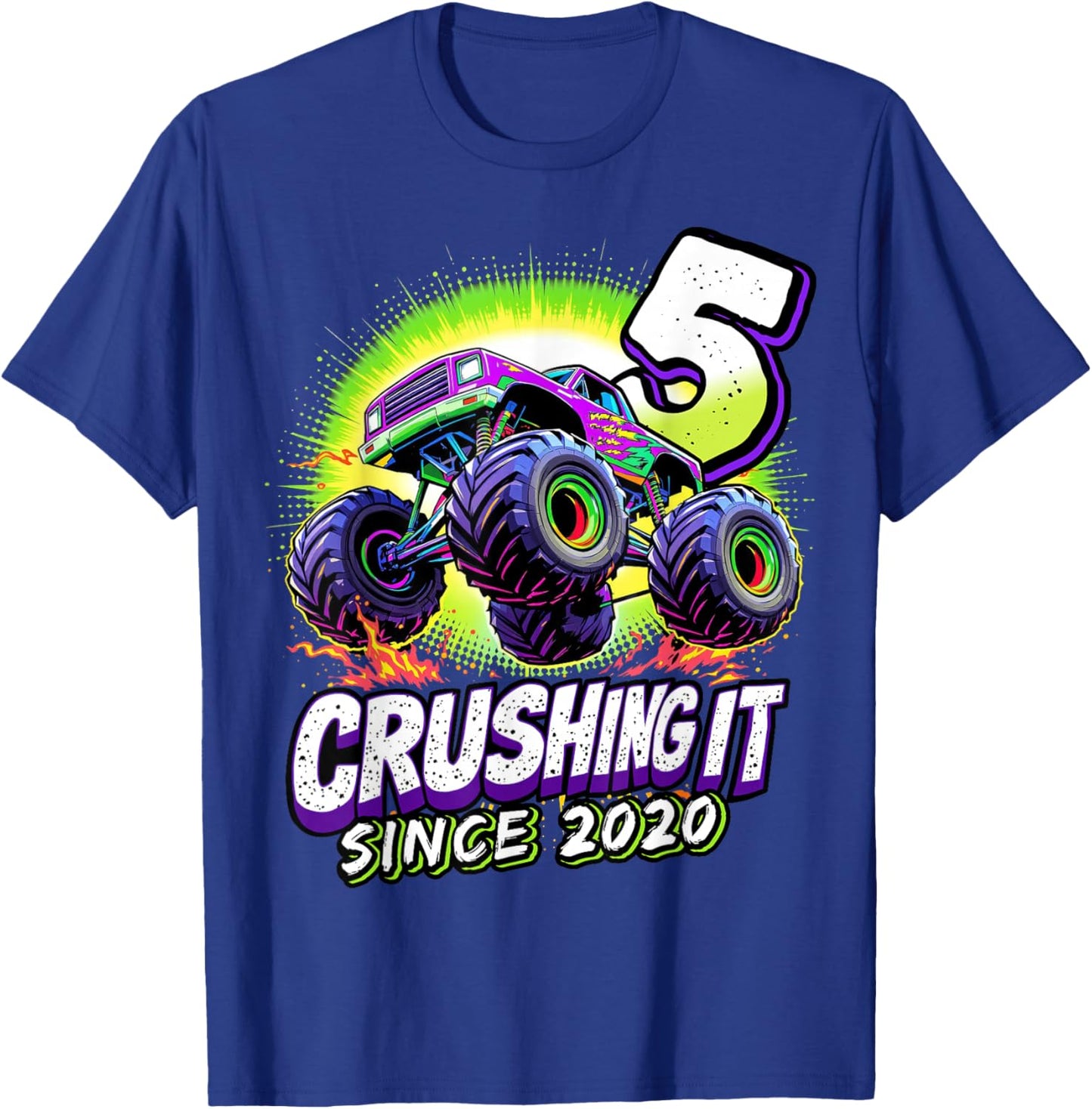 Birthday Monster Truck 5 year Old Boys 5th Party Born 2020 T-Shirt - T-Shirt | Royal
