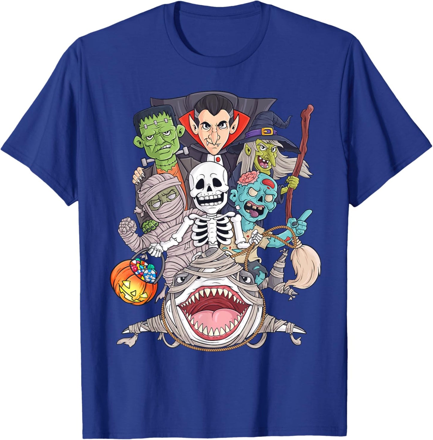 Skeleton Zombie Riding Mummy Shark Funny Halloween Pumpkin T-Shirt - T-Shirt | Royal