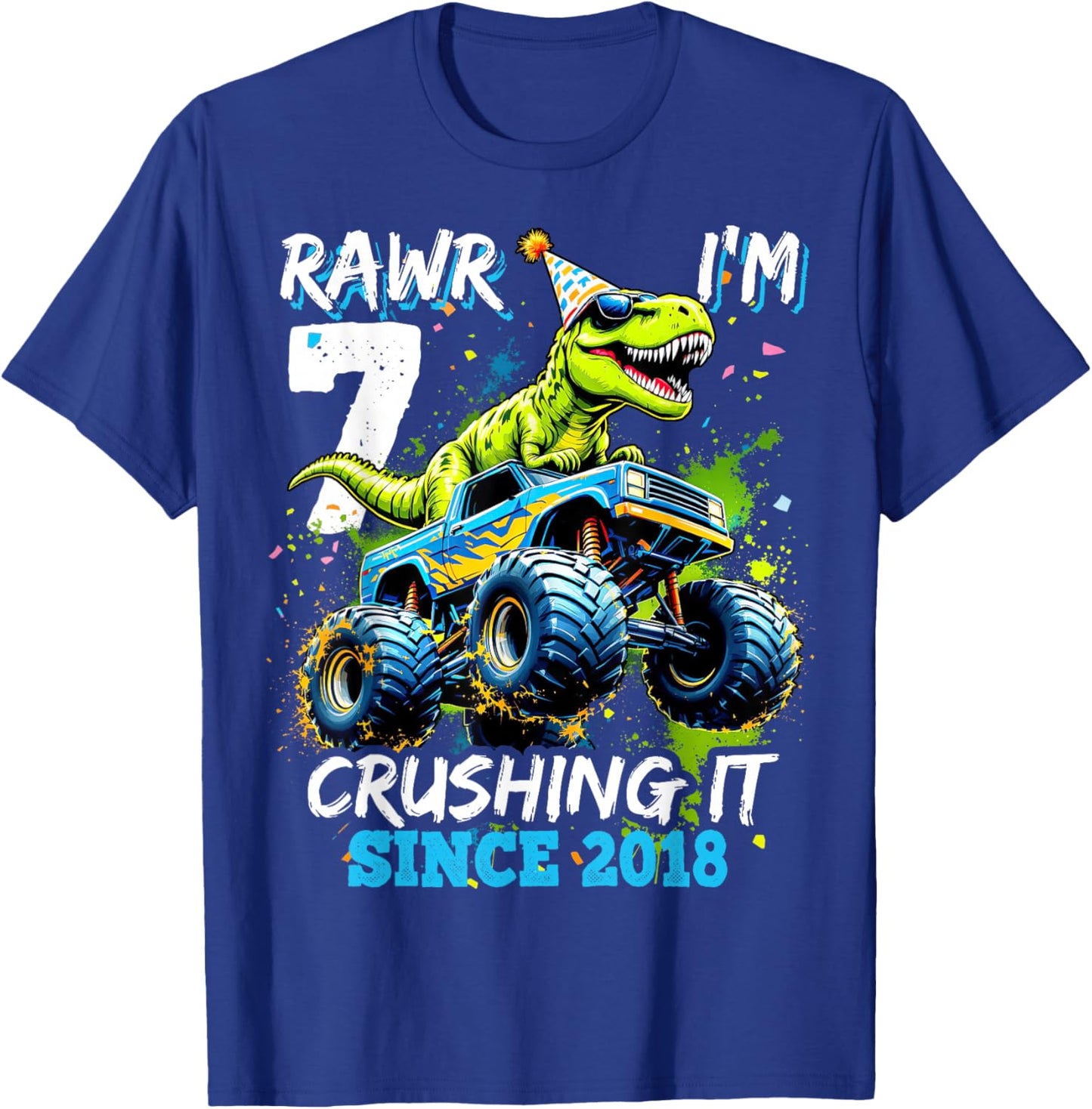 7th Birthday Monster Truck Dinosaur Party Boys Rawr I'm 7 T-Shirt - T-Shirt | Royal