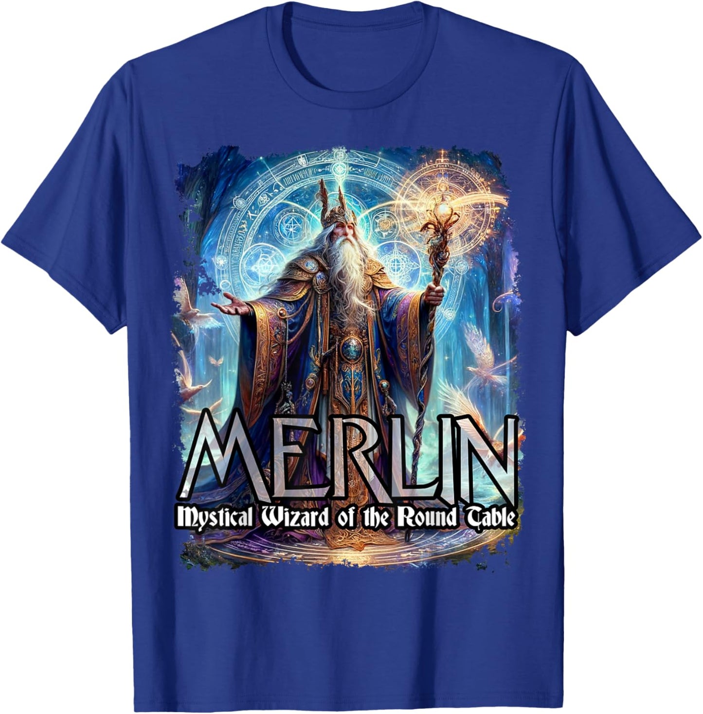 Mythothreads Arthurian Mythology Merlin Mystical Wizard of the Round Table Magical Sorcerer , Small, Black T-Shirt - T-Shirt | Royal