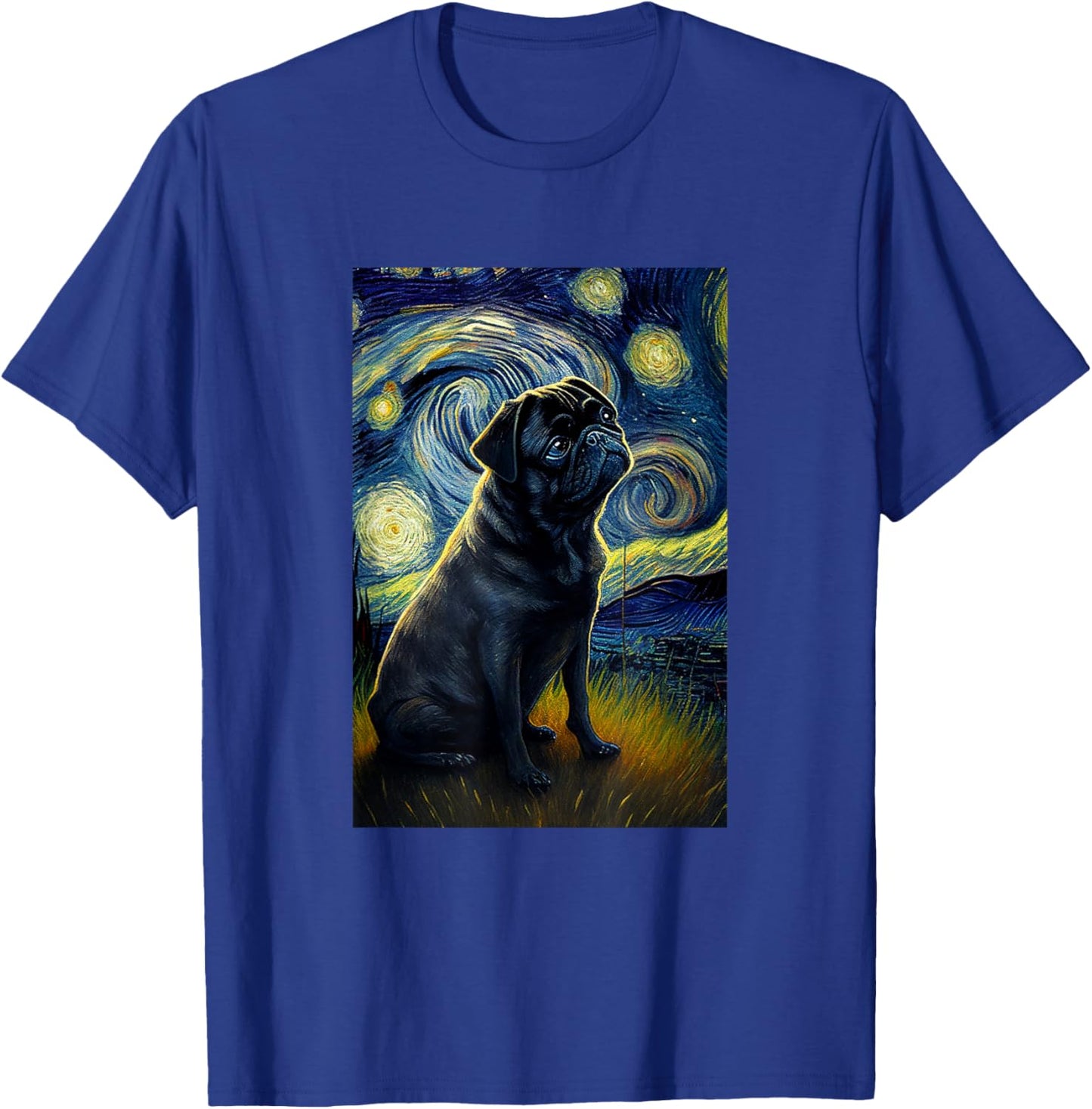 black Pug in Starry Night Painting Dog Mom Dad T-Shirt - T-Shirt | Royal
