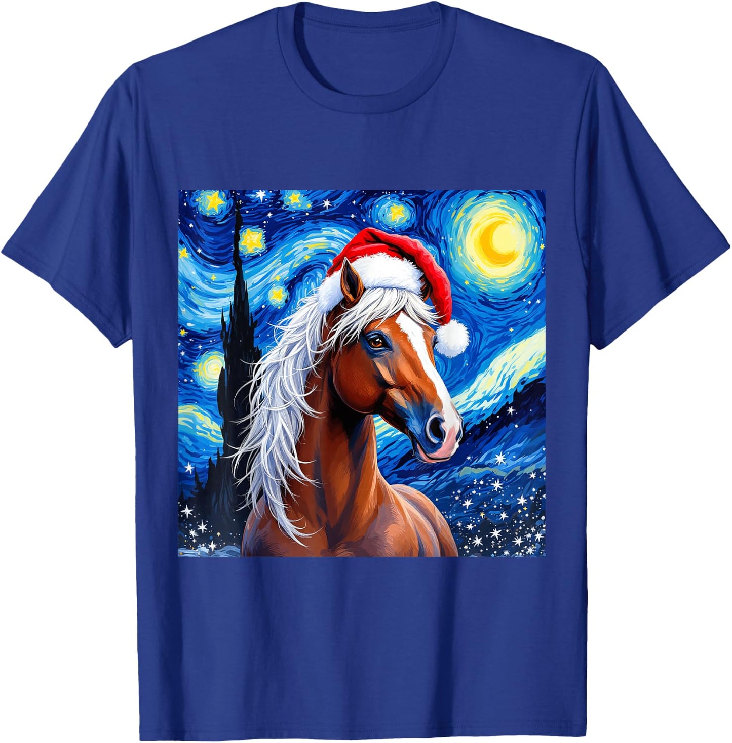 Christmas Horse Santa Hat Van Gogh Starry Night Holiday T-Shirt - T-Shirt | Royal