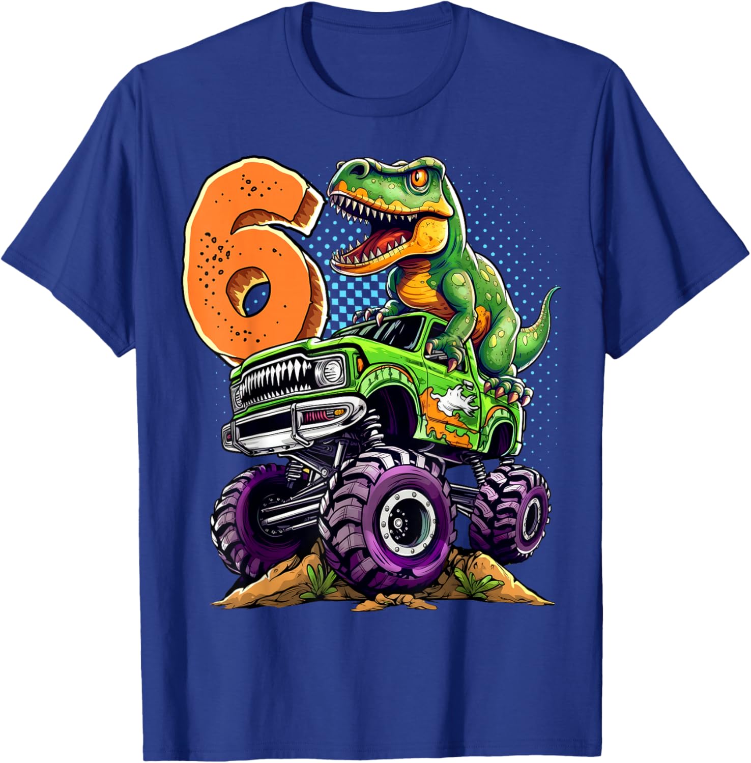 Monster Truck Dinosaur T-Rex 6th Birthday Boy 6 Year Old T-Shirt - T-Shirt | Royal