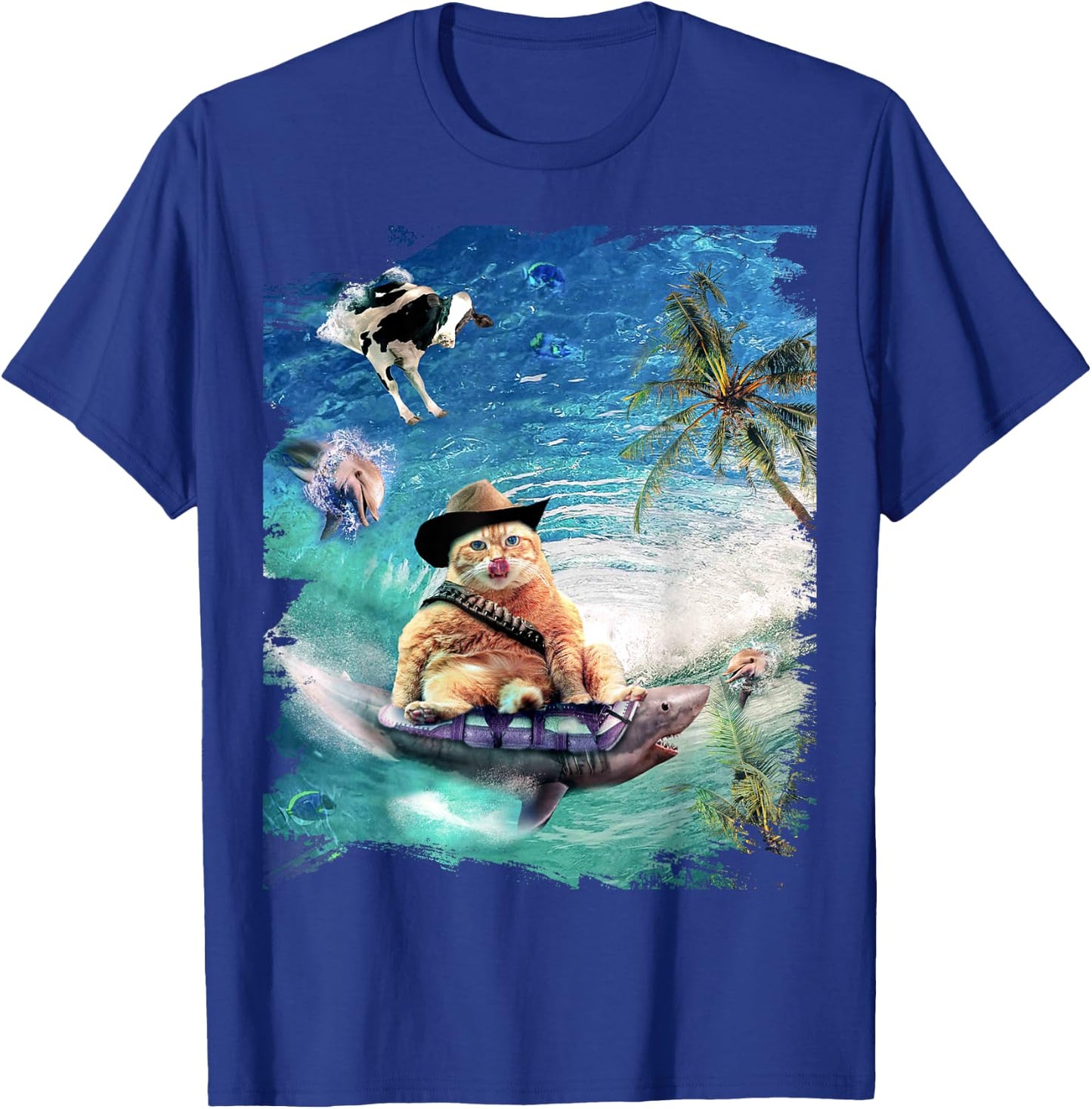 Surfing Cat Cowboy Riding Shark T-Shirt - T-Shirt | Royal