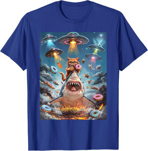 Funny Cat Riding Fire Breathing Shark Rainbow Birthday Kids T-Shirt - T-Shirt | Royal